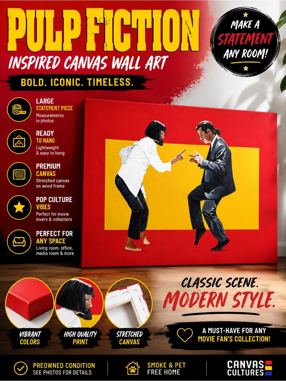 Canvas Cultures Pulp Fiction Inspired Canvas Wall Art Red Yellow Movie Pop Art